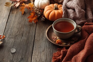Cozy autumn tea arrangement featuring warm hues, seasonal decor, and wooden table background. MZ 