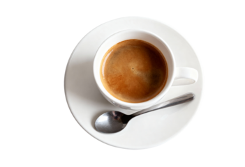 Cup of hot espresso with saucer and spoon isolated on a transparent background. Concept of caffeine, breakfast and warm beverages.