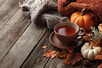 Cozy autumn tea arrangement featuring warm hues, seasonal decor, and wooden table background. MZ 