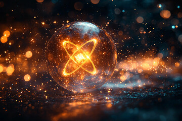 Glowing sphere with atomic design on dark surface Generative AI