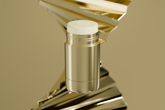 Luxury golden foundation stick mockup, metallic sunscreen Stick packaging, gold electroplating makeup twist up tube packaging, Cylindrical Deodorant Packaging, Rotating makeup blush cream container