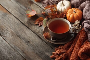 Cozy autumn tea arrangement featuring warm hues, seasonal decor, and wooden table background. MZ 