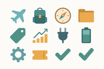Plug compass icon checkmark ticket chart vector collection wanderlust airplane backpack folder
