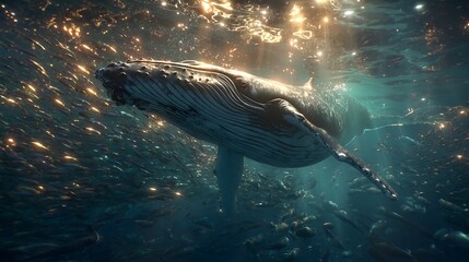 Obraz premium Underwater whales have light rays.