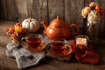 Cozy autumn tea arrangement featuring warm hues, seasonal decor, and wooden table background. MZ 