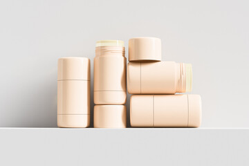 Cosmetic foundation Stick mockup, makeup twist up tube packaging, trendy Sunscreen Stick Tubes with close cap, Cylindrical Deodorant Packaging, beige Rotating Solid lip balm container