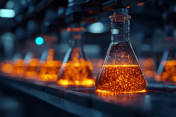 Futuristic laboratory flasks with glowing contents on display Generative AI