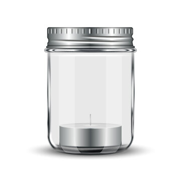 Realistic clear glass jar with metal screw cap and small tealight candle inside isolated on white front view 3d vector illustration for  scandinavian style home decor or product branding mockup