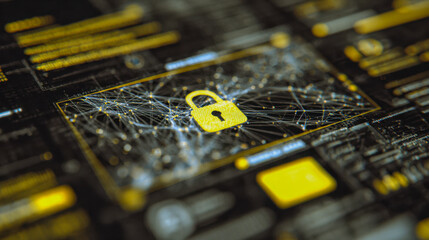 Futuristic data protection concept showing a glowing yellow padlock surrounded by digital network connections on a dark high-tech interface background