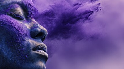 Person’s head immersed in purple pigments, eyes closed. Epilepsy awareness,  support, inclusion during Purple Day initiatives