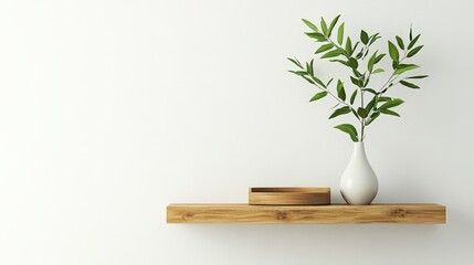 Minimalist home decor with green plant in white vase and wooden box on floating shelf