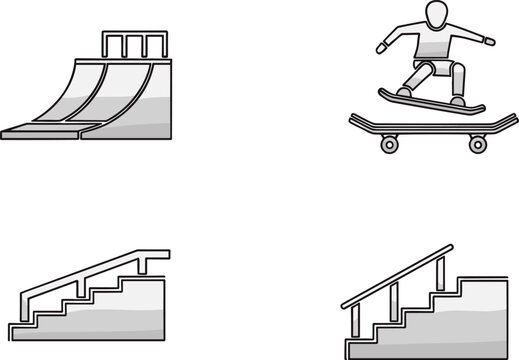 Monochromatic graphic illustration set of skateboarding park elements including half pipes, stair sets, rail, and a skater performing an ollie jump trick.