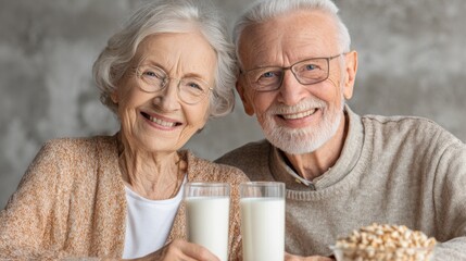 Elderly couple enjoying sesame milk together as calcium-rich plant drink supporting bone density and graceful aging wellness lifestyle