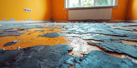 Renovation highlights worn floor and peeling paint Generative AI