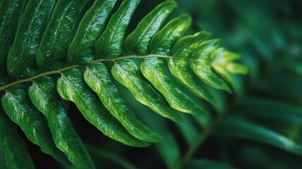 Obraz premium A green fern leaf displays its detailed texture in a forest setting. Sunlight shines on the leaf highlighting its structure among other plants nearby.