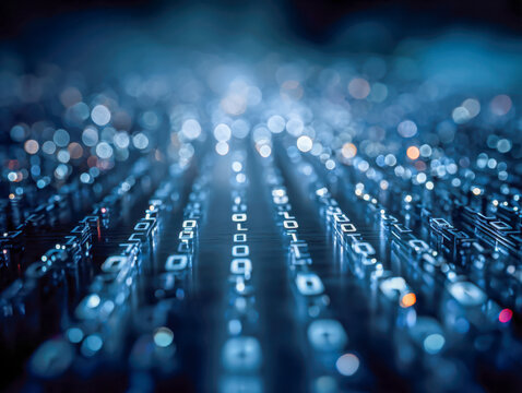 Digital binary code with glowing lights representing futuristic technology and data flow on a circuit board at night with blue tone and bokeh effect - Powered by Adobe