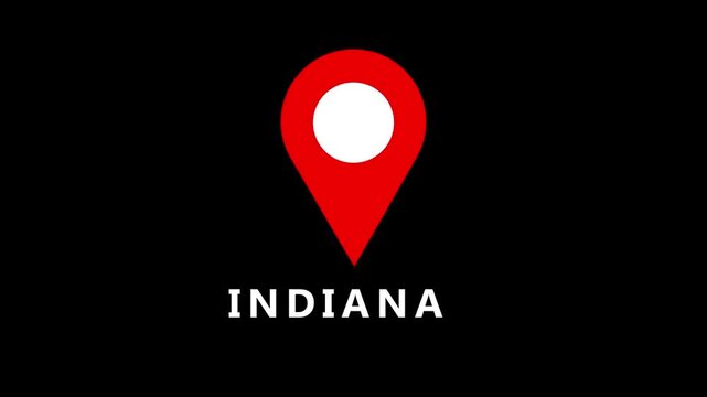 Red location pin icon with white circle on black background and the word Indiana marker