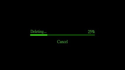 Digital progress bar showing 25 percent deletion process with cancel option on dark background