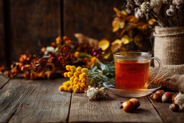 Cozy autumn tea arrangement featuring warm hues, seasonal decor, and wooden table background. MZ 