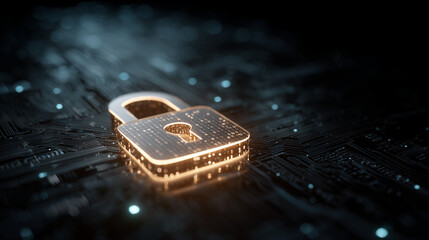 Futuristic cybersecurity concept featuring a glowing cyber padlock surrounded by binary code and digital circuit elements. Big data visualization on a dark technology background