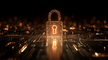 Futuristic cybersecurity concept featuring a glowing cyber padlock surrounded by binary code and digital circuit elements. Big data visualization on a dark technology background