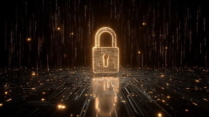 Futuristic cybersecurity concept featuring a glowing cyber padlock surrounded by binary code and digital circuit elements. Big data visualization on a dark technology background