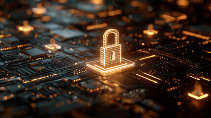 Futuristic cybersecurity concept featuring a glowing cyber padlock surrounded by binary code and digital circuit elements. Big data visualization on a dark technology background