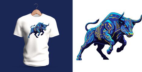 Futuristic t-shirt vector illustration of a cybernetic bull running forward with glowing blue circuitry patterns across its muscular body, featuring neon highlights, angular metal-like contours