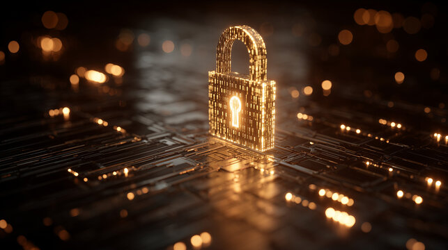 Futuristic cybersecurity concept featuring a glowing cyber padlock surrounded by binary code and digital circuit elements. Big data visualization on a dark technology background - Powered by Adobe