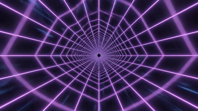 Flying through a vibrant endless purple and blue glowing neon grid tunnel in seamless looping motion graphics synthwave, vibrant, futuristic