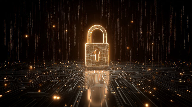 Futuristic cybersecurity concept featuring a glowing cyber padlock surrounded by binary code and digital circuit elements. Big data visualization on a dark technology background - Powered by Adobe