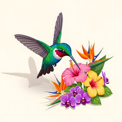 Obraz premium Colorful Hummingbird Hovering Above Vibrant Tropical Flowers in a Natural Scene