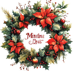 Festive Christmas wreath decoration featuring red poinsettia and green holly berries on a pine branch frame with a winter ribbon bow for a holiday celebration garland border