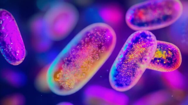 Colorful abstract representation of glowing bacteria or microbes floating in a vibrant microscopic environment with neon lighting and bokeh background. 4K video