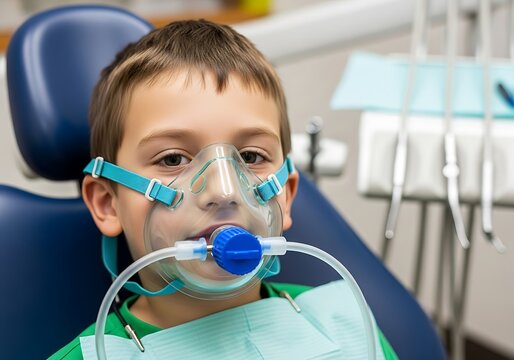 Young boy wearing oxygen mask in dental chair child - Powered by Adobe