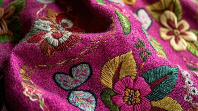 Vibrant, hand-stitched textile with floral and paisley designs in red, green, yellow, and blue.