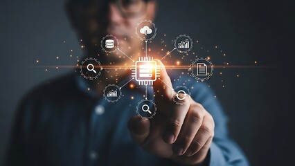 Man interacting with digital technology and data processing.