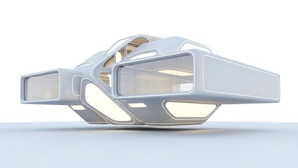 Futuristic white flying vehicle concept on a clean background.