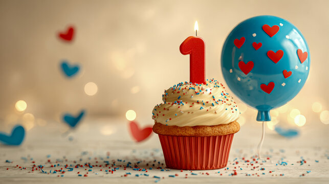 Celebrating a first birthday with a festive cupcake decorated with a candle, topped with sprinkles, alongside a cheerful heart-themed balloon and colorful confetti for a joyful mil