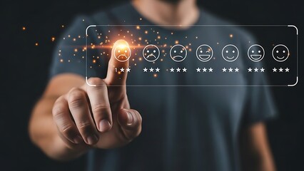 Man selecting happy face icon on digital interface for customer feedback.