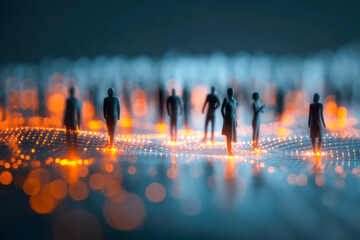 Abstract digital landscape with silhouetted human figures standing on glowing interconnected orange nodes representing futuristic networking and data technology conc