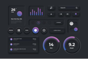 Modern ui ux design elements with colorful futuristic icons and interface elements on a gradient blue background.
Futuristic digital interface elements including glowing icons touchscreens and gauges.