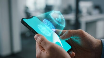 Smartphone device with biometric fingerprint scan and digital security shield icon for safe user access authentication and mobile data privacy protection system
