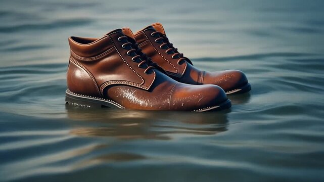 A pair of classic brown leather boots standing partially submerged in calm, clear water.