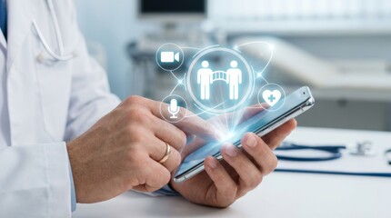 Professional medical doctor smartphone device displaying digital telemedicine interface for remote online healthcare consultation and virtual patient connection service