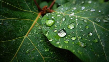 Green leaf glistening with water droplets after the rain, showcasing its textured surface and central veins