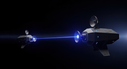 Modern communication technology devices sending blue light beam signal through dark space. Data transfer concept depicts advanced network connection,