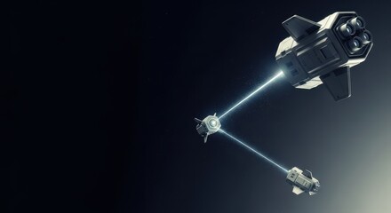 Space communication shows futuristic spacecraft sending data beams across dark cosmos. Advanced space communication systems feature interconnected satellites exchanging information via light energy.