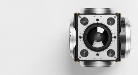 Modern communication technology device with prominent camera lens and integrated sensors on bright background. Advanced communication technology design enables seamless data processing.