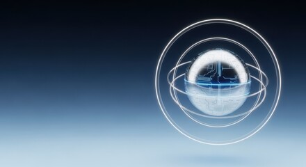 Abstract sphere with glowing lines depicts advanced communication technologies. Digital network concept features geometric shapes, illuminated connections, global communication technologies.